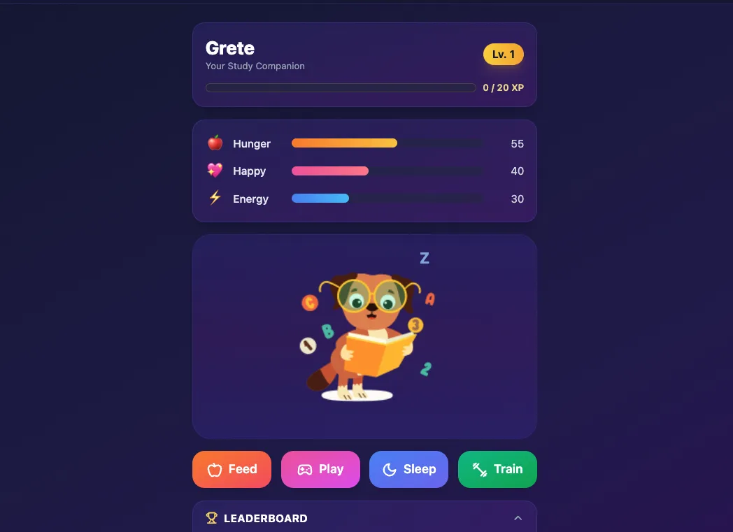 The StudyQuest.app Study Buddy, a virtual pet with hunger, happiness, and energy bars you keep up by answering questions