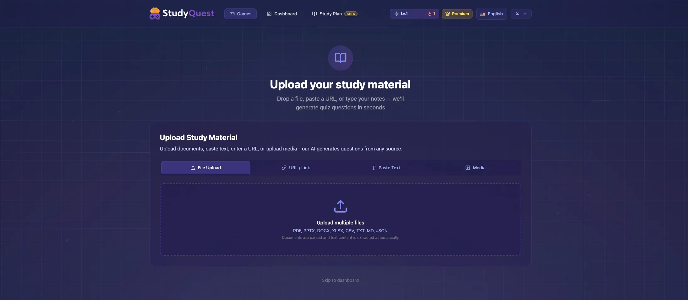 The StudyQuest.app dashboard, showing a student's uploaded study material