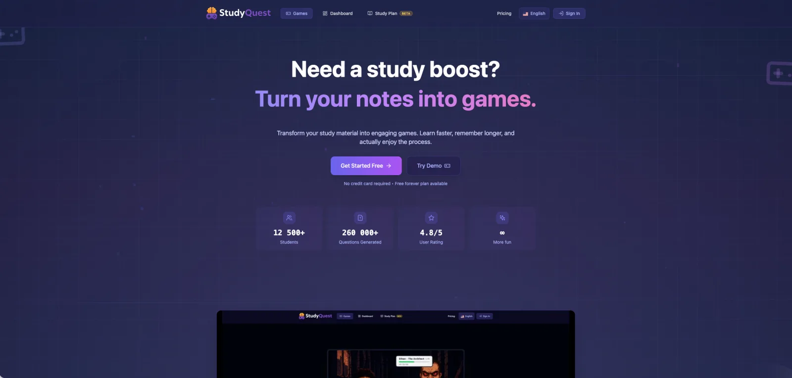 The StudyQuest.app upload screen, where students add the study material their questions are built from