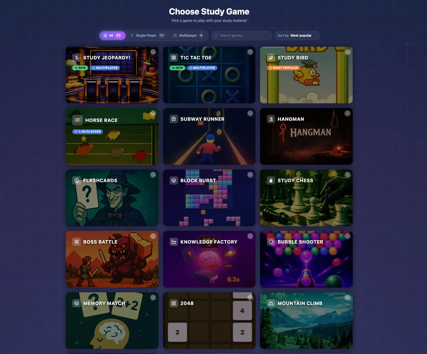 The StudyQuest.app game picker, showing the grid of available study games