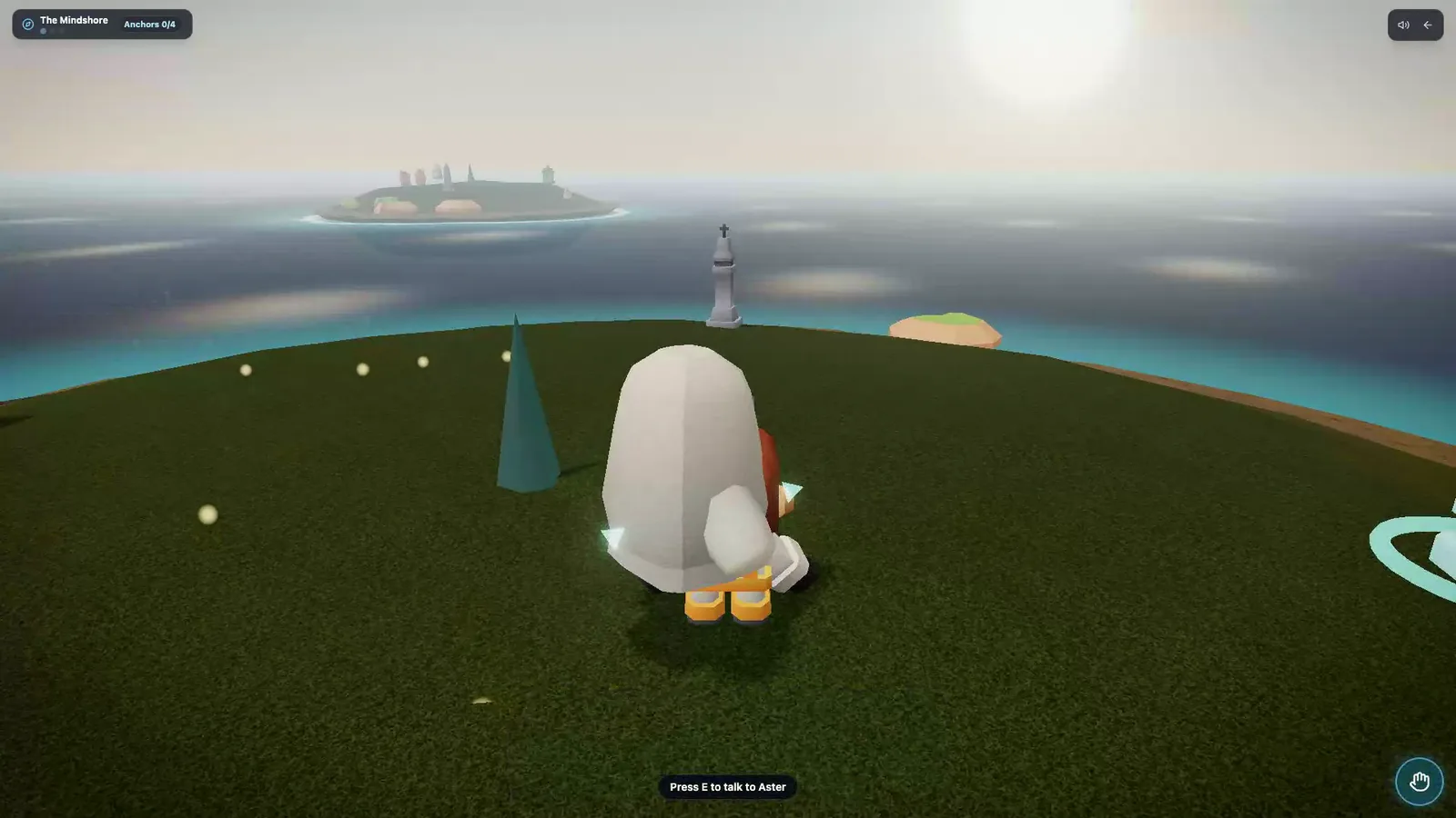 Mindshore gameplay: the player stands on a small green island beside the guardian spirit Aster, with more islands visible across a calm sea
