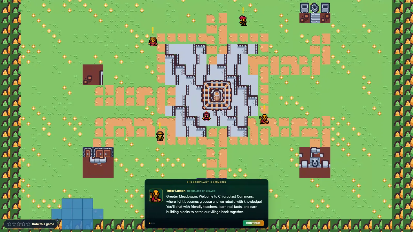Study Village generated from photosynthesis notes: a pixel-art village called Chloroplast Commons, where a villager welcomes the player and explains they will learn facts and rebuild the town