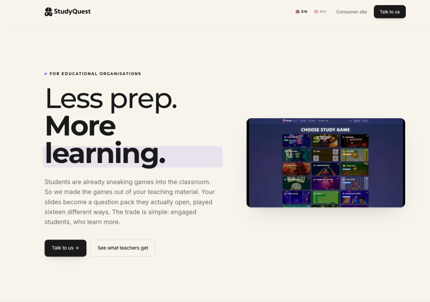 A StudyQuest.app teacher analytics dashboard showing class and student progress