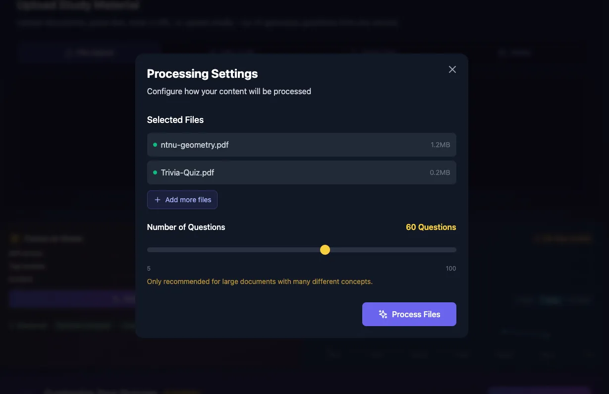The StudyQuest.app processing settings, with uploaded files listed and a slider for how many questions to generate